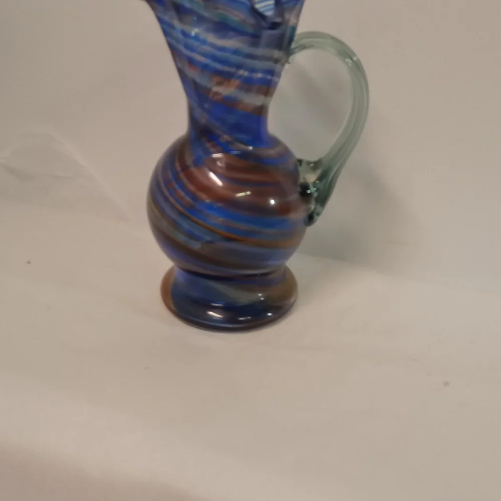 Vintage Glass Pitcher Vase Blue Swirl Budding Ruffled Rim, Murano Glass Style